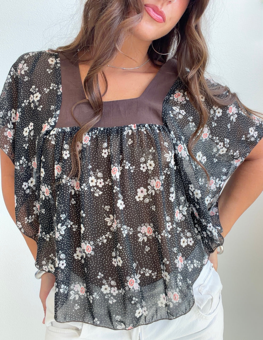 Brown Floral Chiffon Babydoll Blouse (Small)