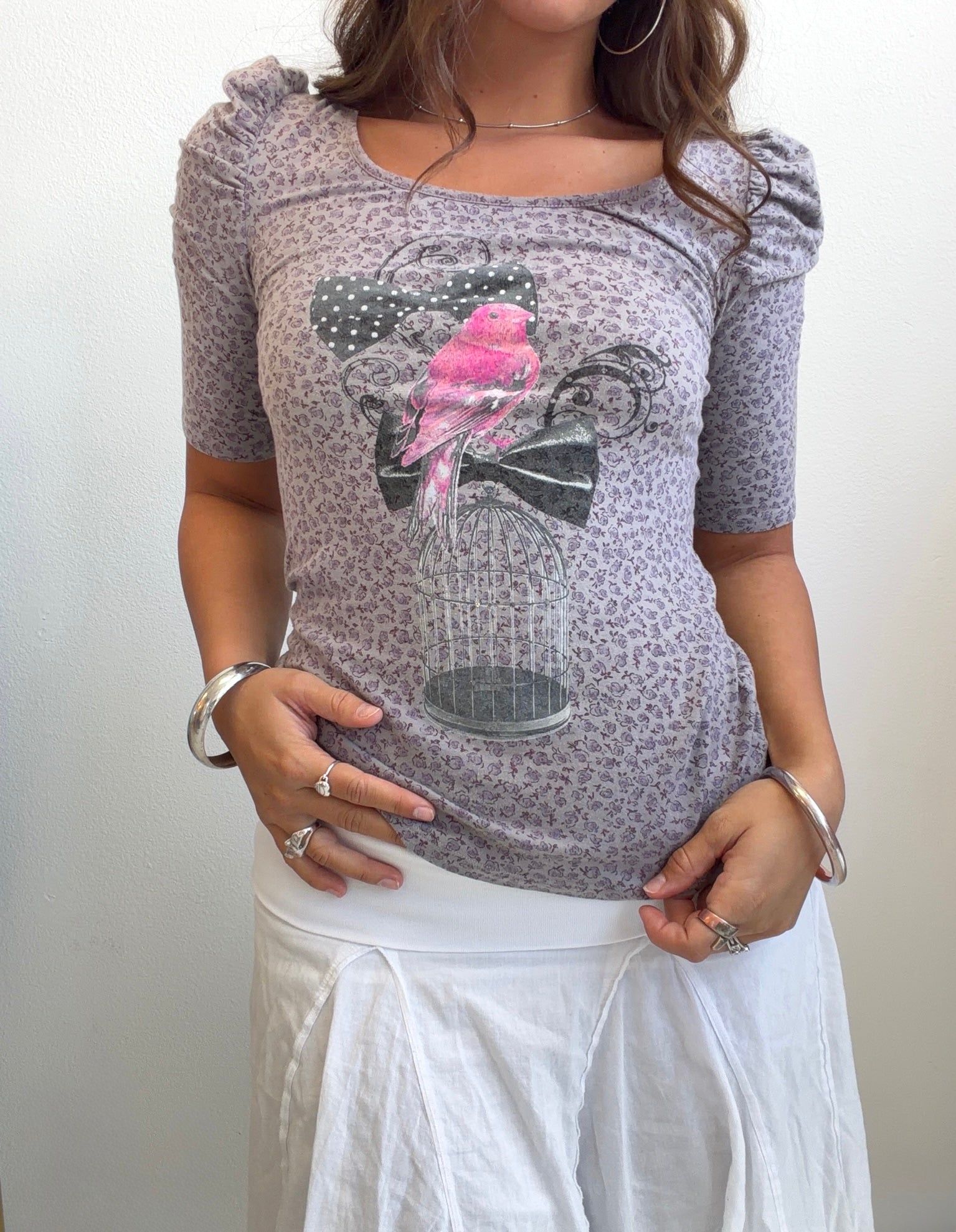 Birdcage Graphic Puff Sleeve Tee (Small)