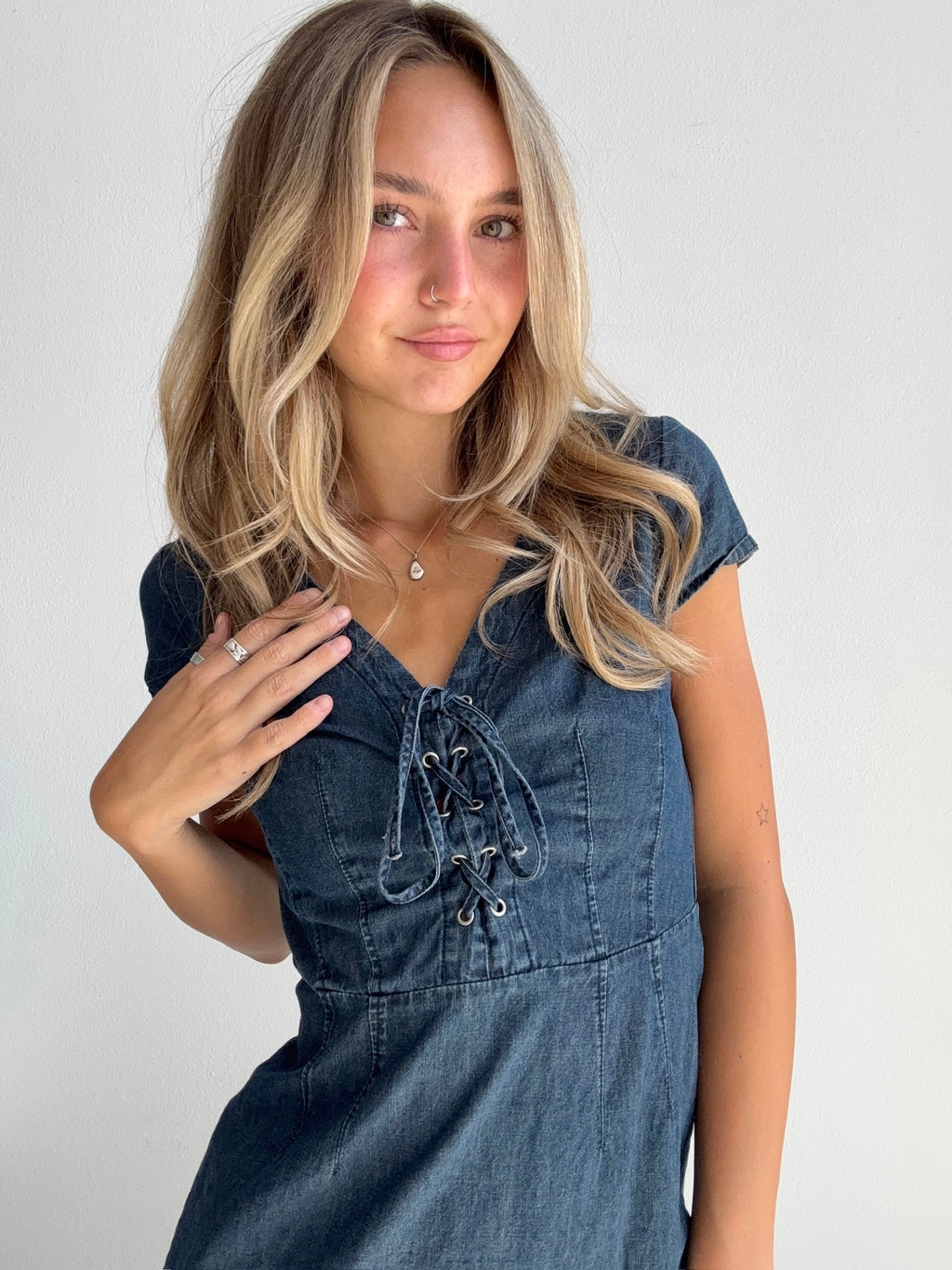 Dark Wash Lace Up Denim Dress (Small)