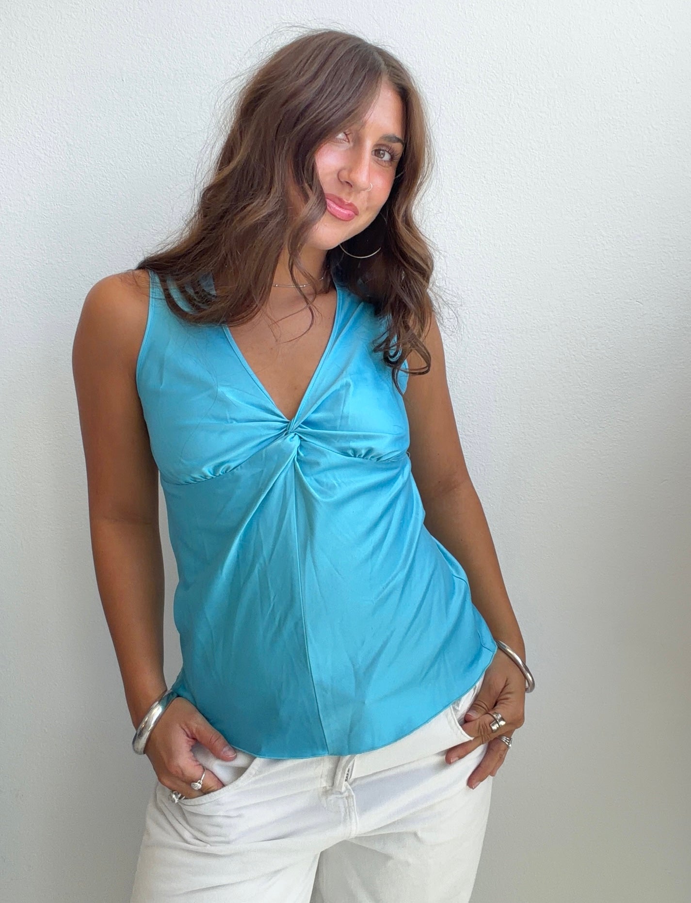 Turquoise Twist Front Sleeveless Top (Small)