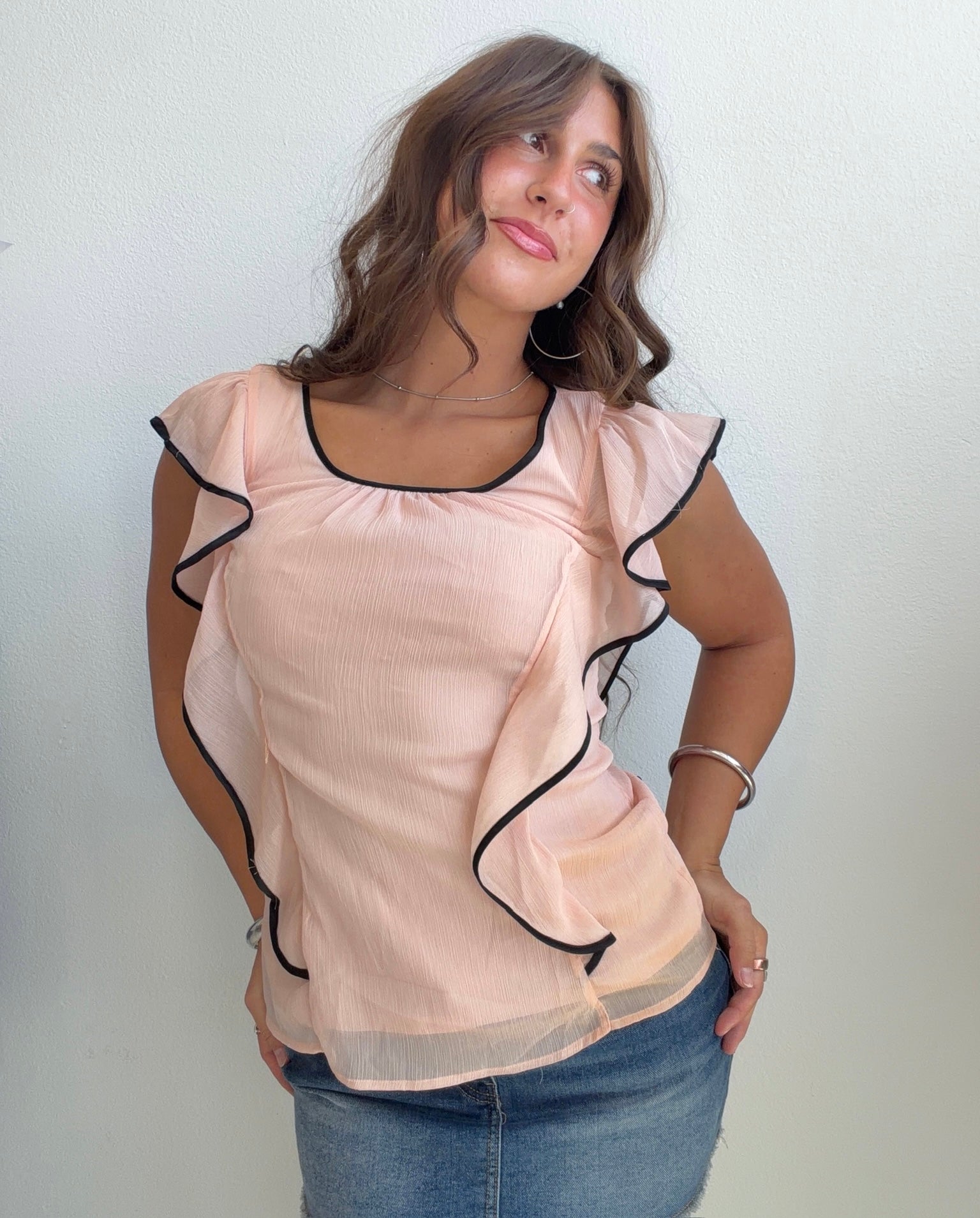 Blush Ruffle Sheer Flutter Sleeve Top (Small)