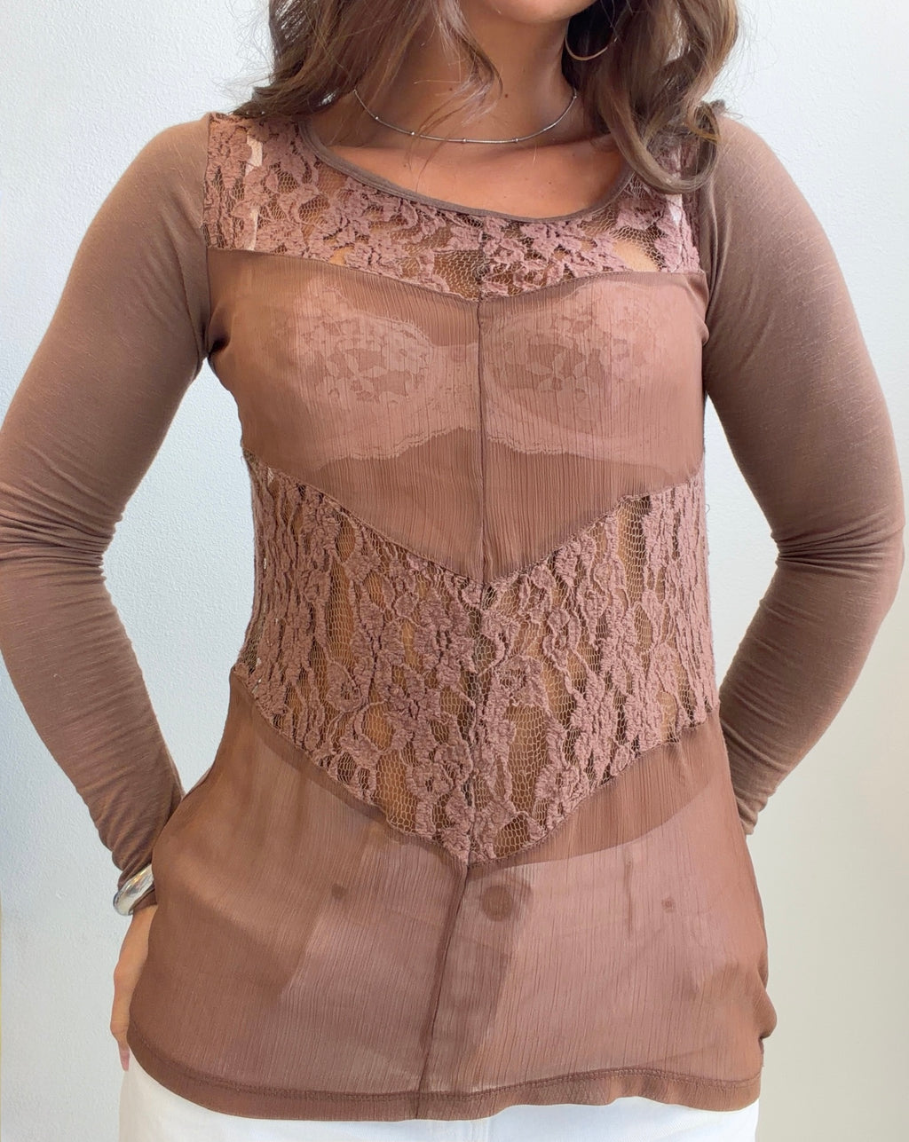 Mocha Lace Mesh Long Sleeve Top (Small)