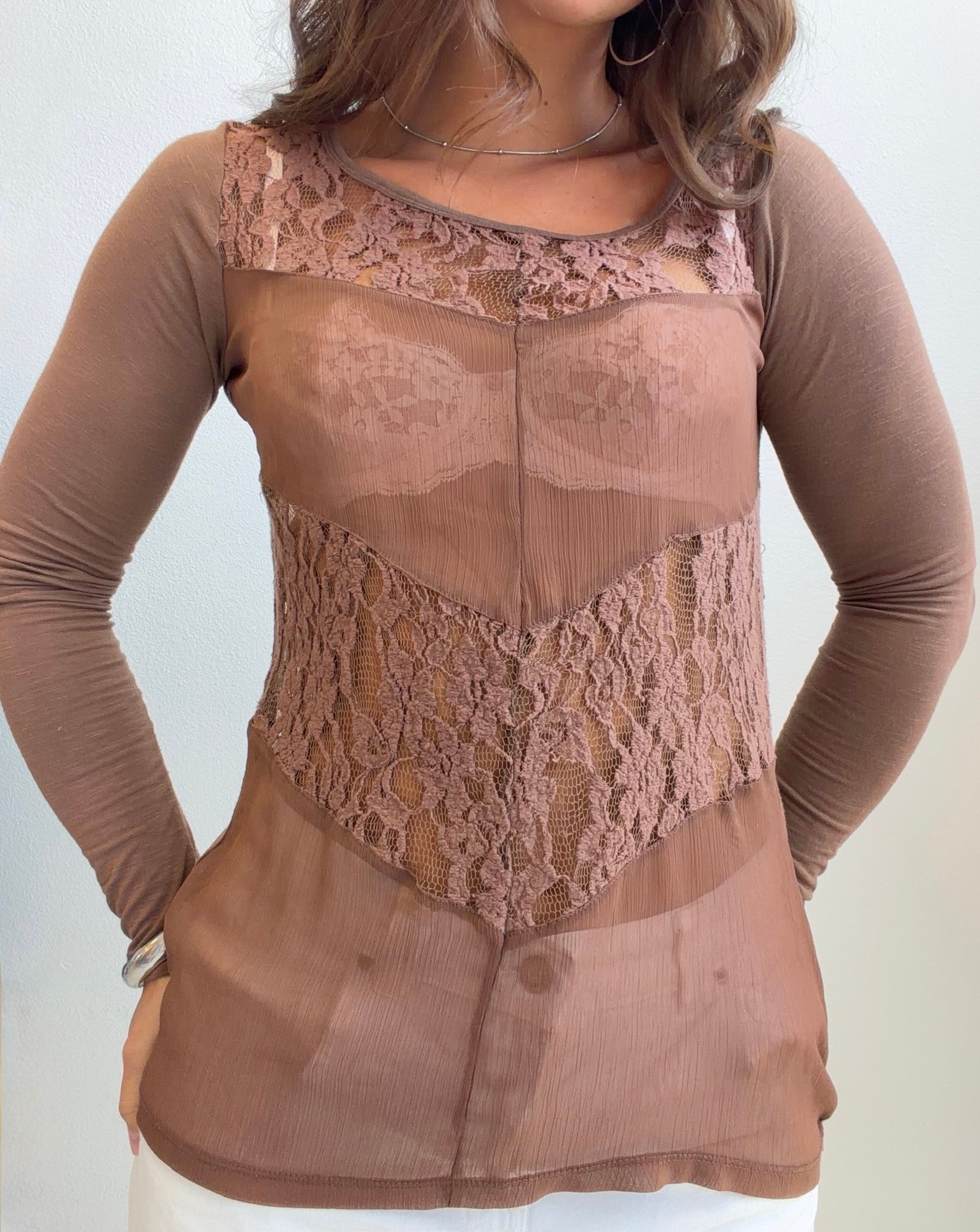 Mocha Lace Mesh Long Sleeve Top (Small)