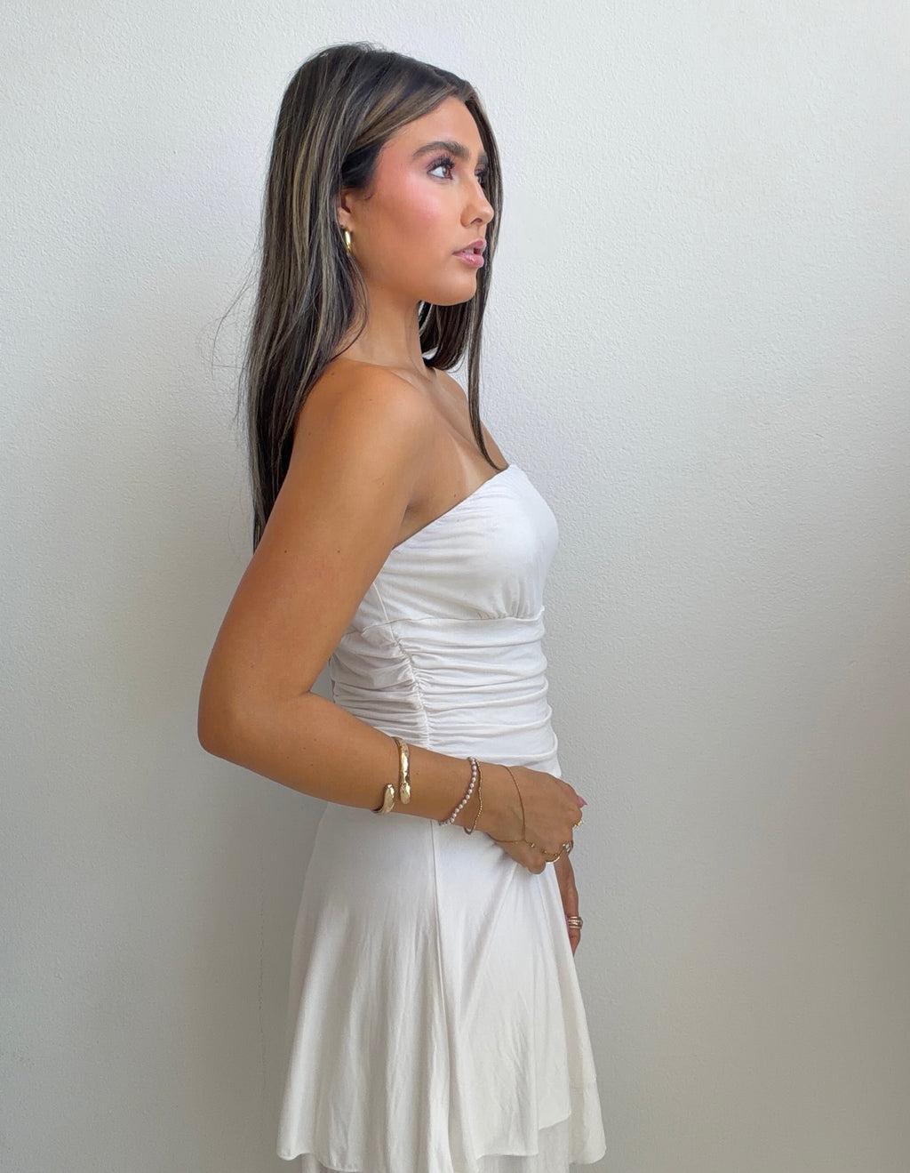 White Strapless Ruched Mini Dress (Small)
