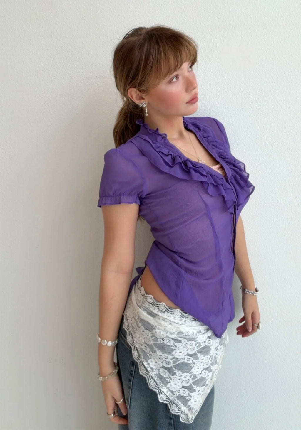 Violet Ruffle Victorian Sheer Blouse Top (Small)