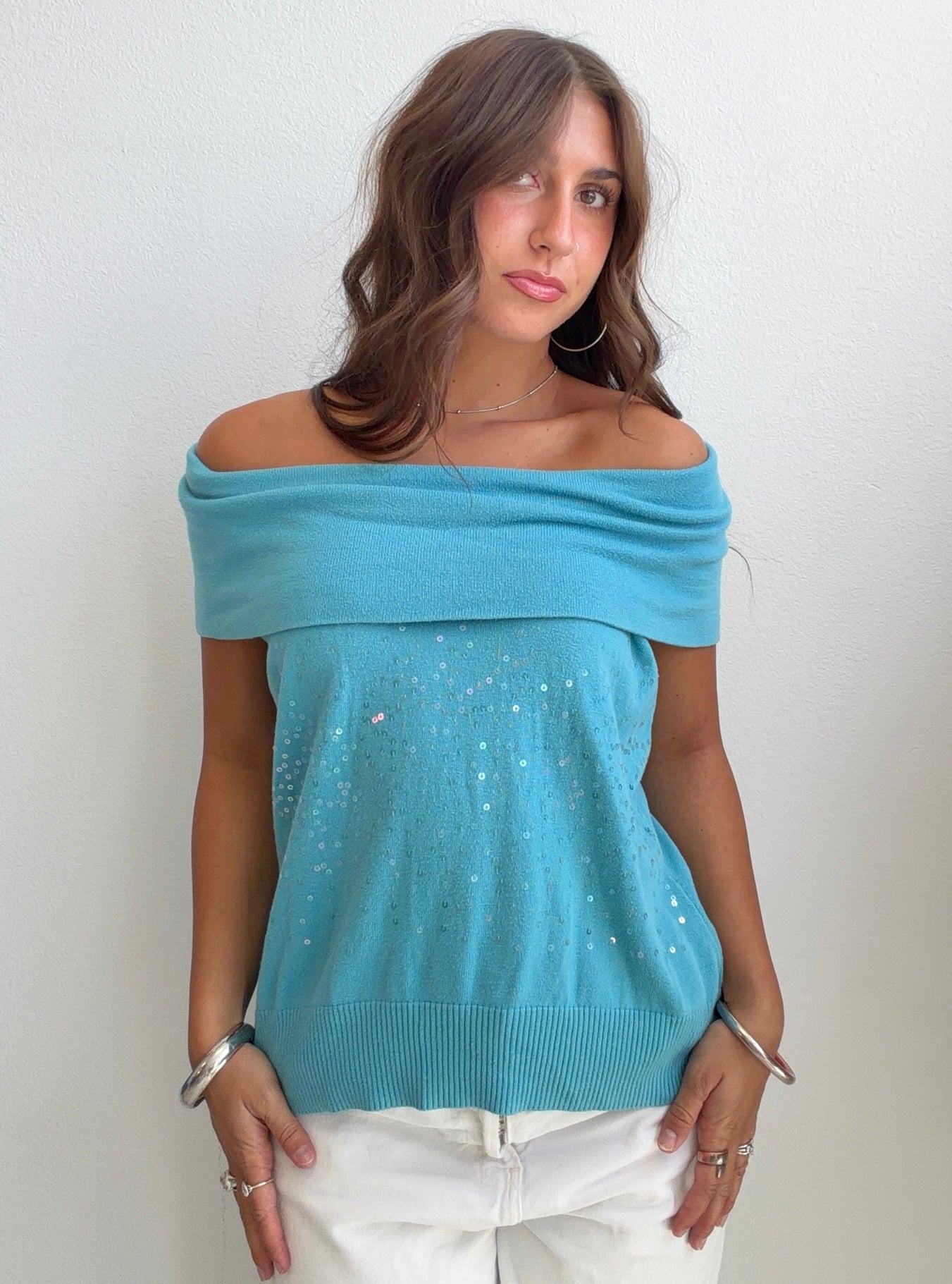 Turquoise Sequin Off Shoulder Knit Top (Large)