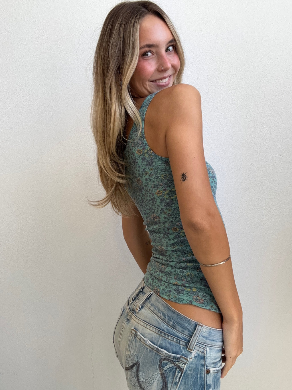 Blue Floral Ribbed Tank (Small)