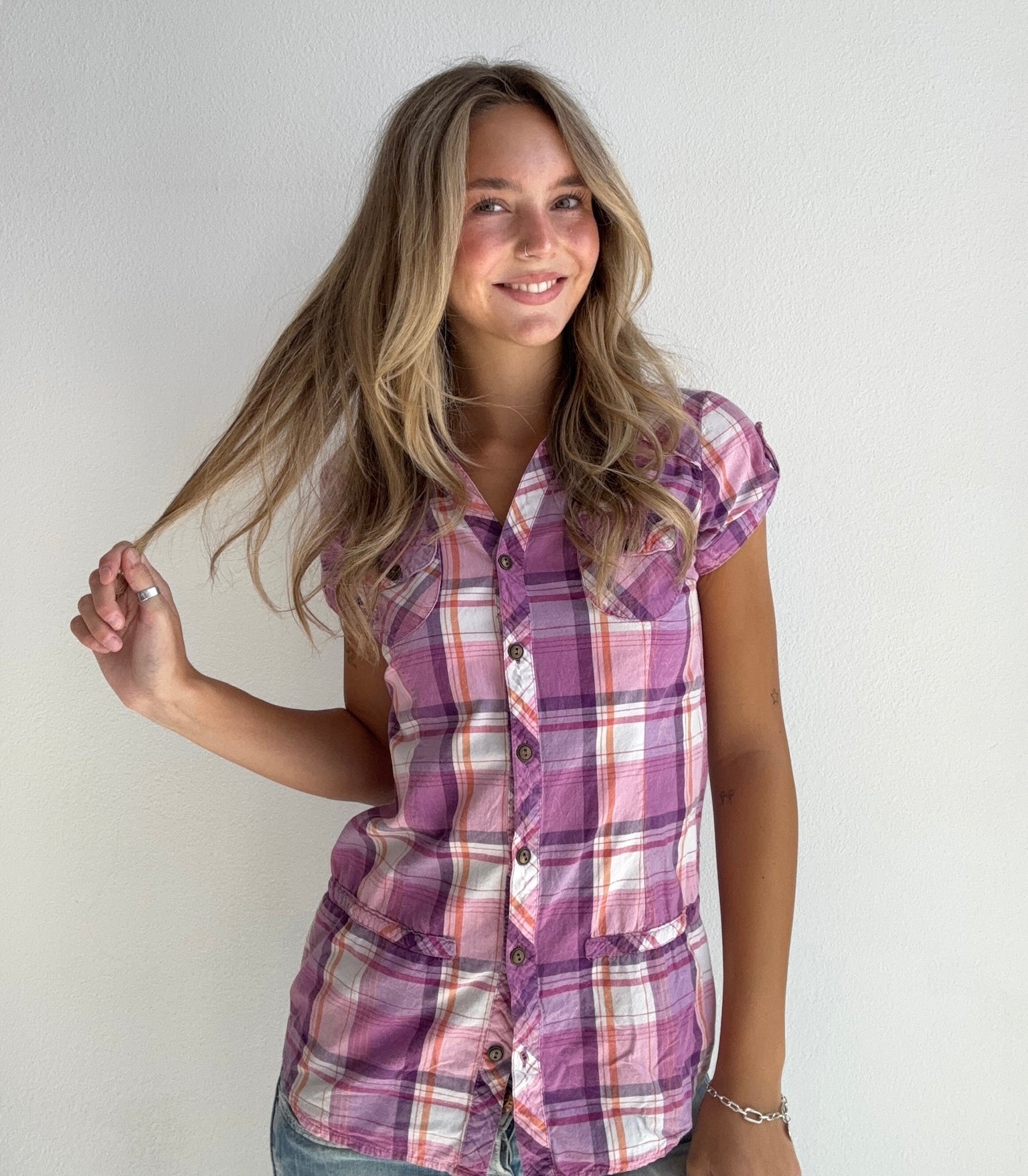 Purple Plaid Button Up Top (Medium)