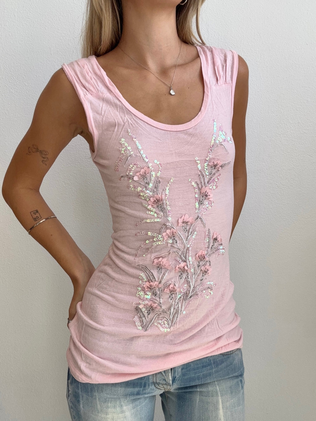 Blush Sequin Floral Tank (Small)
