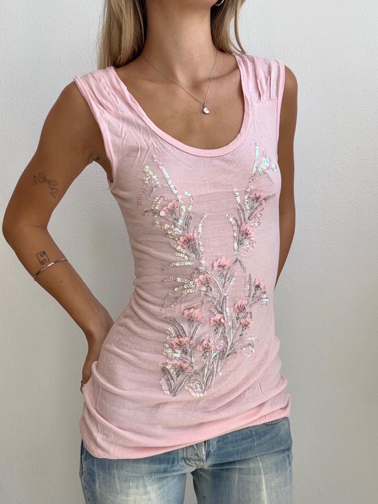 Blush Sequin Floral Tank (Small)