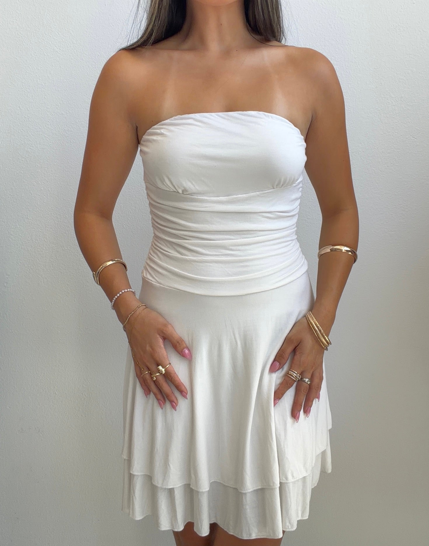 White Strapless Ruched Mini Dress (Small)