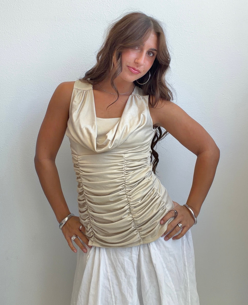 Champagne Ruched Satin Cowl Neck Top (Small)