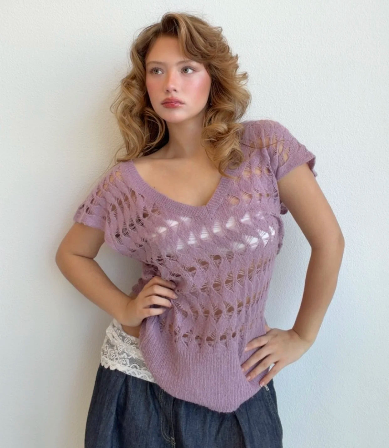 Lavender Open-Knit Sweater Top (XL)