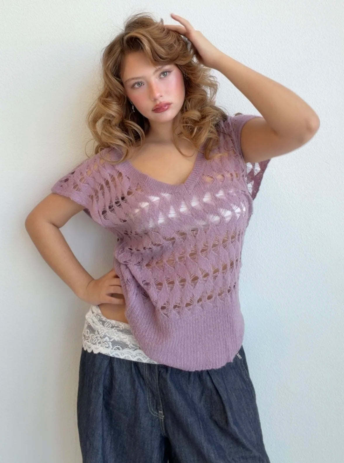 Lavender Open-Knit Sweater Top (XL)