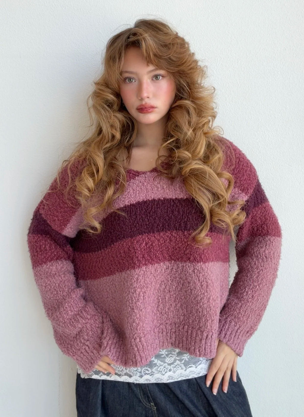 Mauve Berry Striped Sweater (Medium)