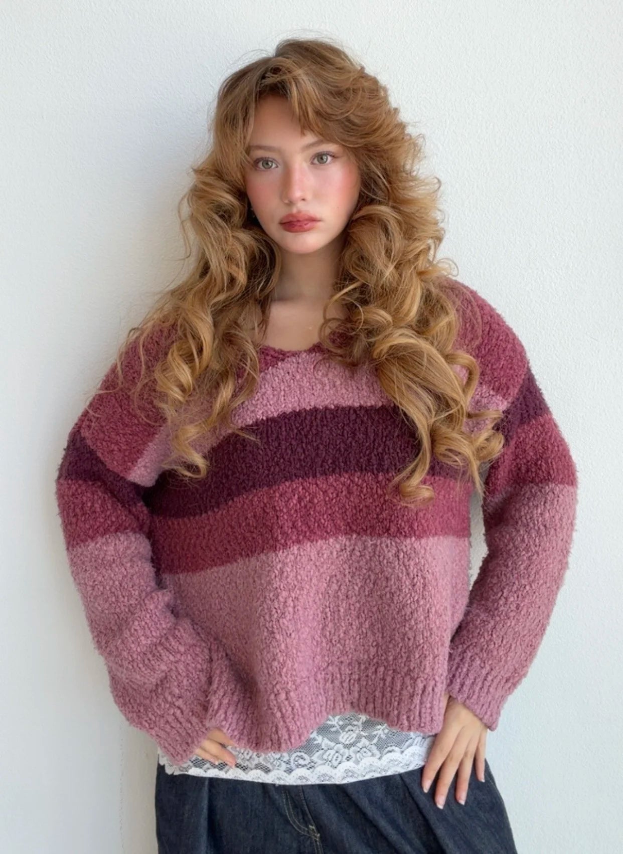 Mauve Berry Striped Sweater (Medium)