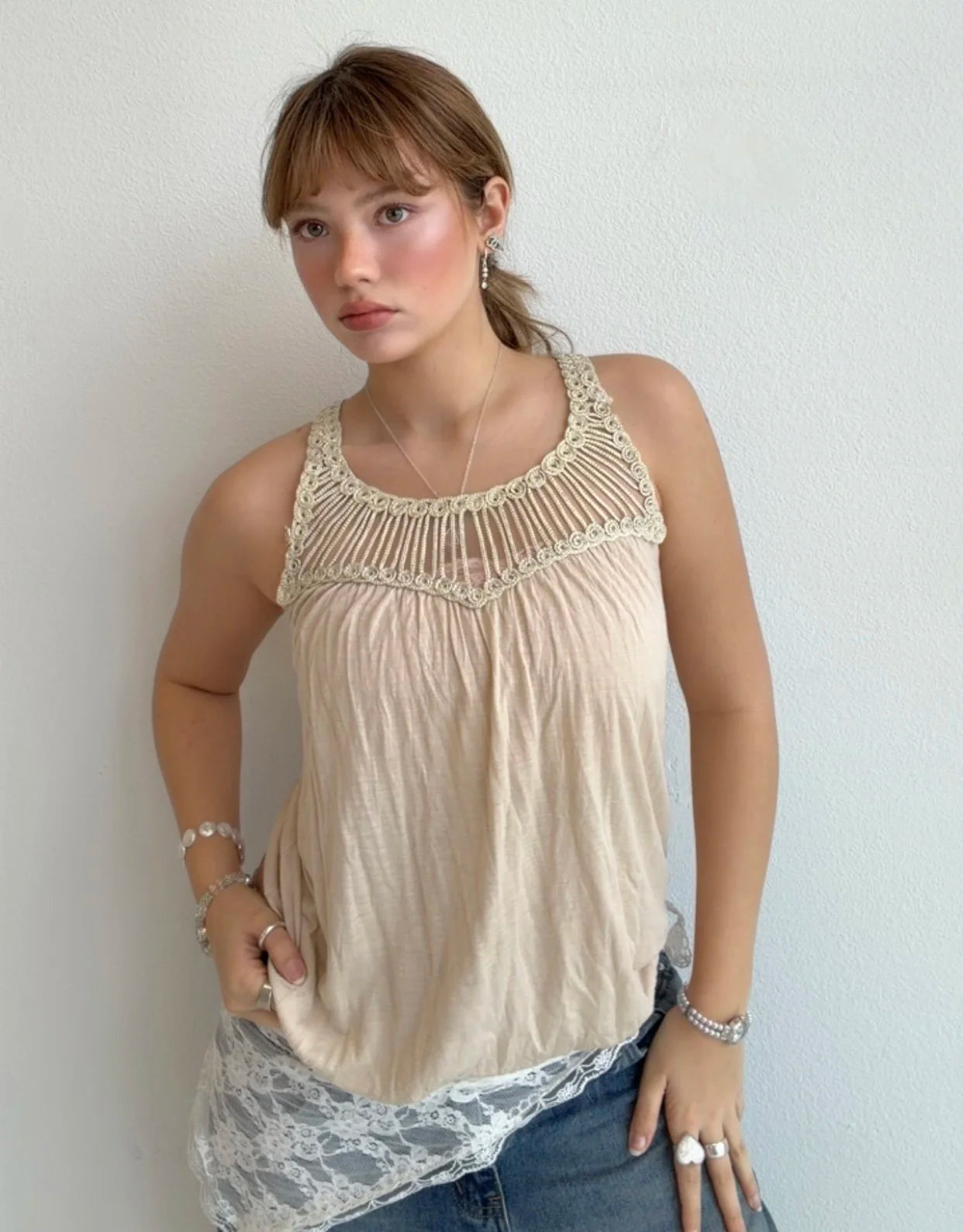 Vintage Peachy Pink Cream Crochet Blouse (Small)