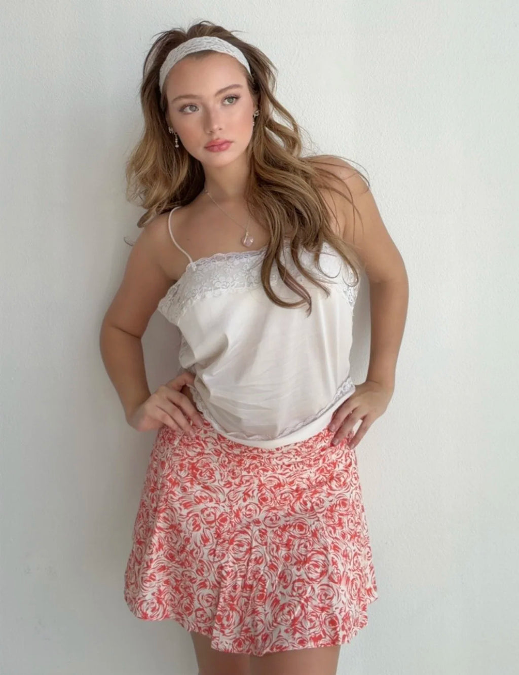 Floral Coral Rose Mini Skirt (Small)
