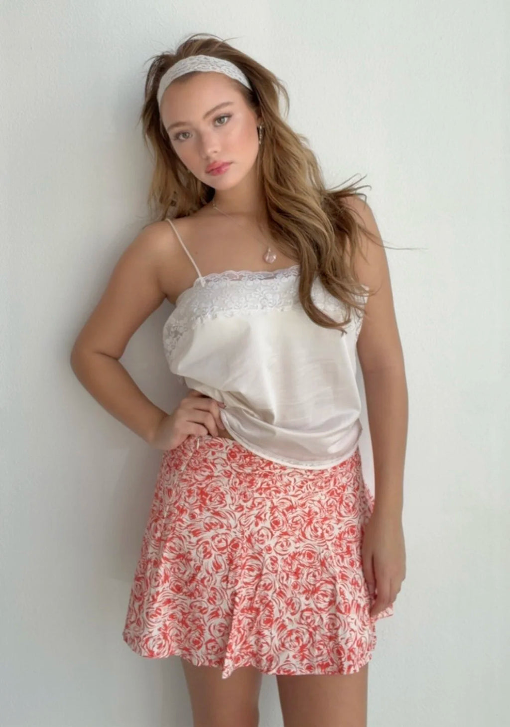 Floral Coral Rose Mini Skirt (Small)